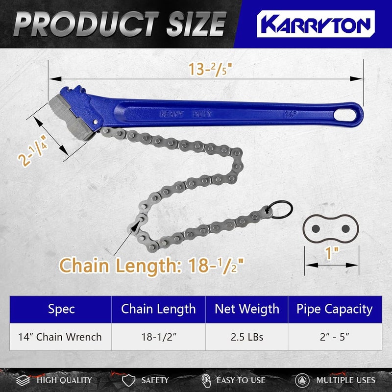 KARRYTON 14" Chain Pipe Wrench 2" - 5" Pipe Diameters, 18.5" Chain Length Max Breaking Load 5500Lbs, Heavy Duty Plumbing Tool for Pipe Installation, Oil Fields Operations and Maintenance - Image 2
